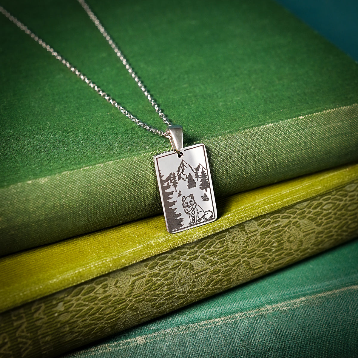 The "Alchemist, Fox And Mountains" Rectangle Location Necklace