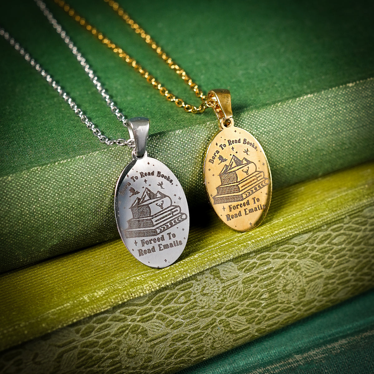 The "Born To Read Books, Forced To Read Emails" Oval Necklace