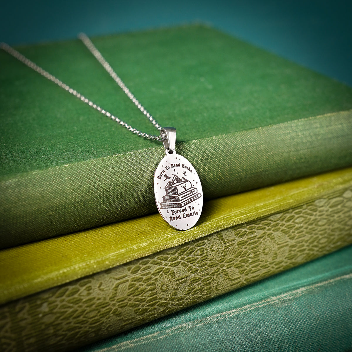 The "Born To Read Books, Forced To Read Emails" Oval Necklace